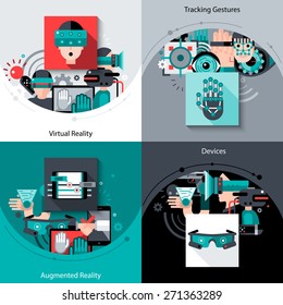 Virtual augmented reality design concept set with tracking gestures devices flat icons isolated vector illustration