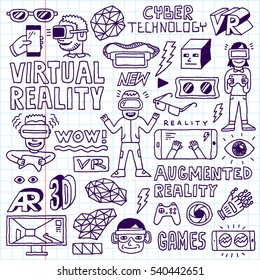 Virtual and Augmented Reality Doodle Concept Hand Drawn Set. Vector Notebook Illustration.