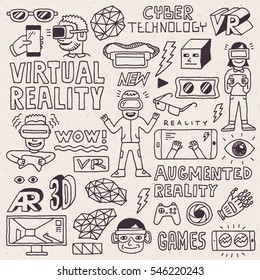 Virtual and Augmented Reality Doodle Concept Hand Drawn Set. Vector Illustration.