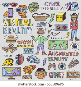 Virtual and Augmented Reality Doodle Concept Hand Drawn Color Set. Vector Illustration.