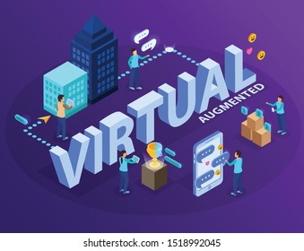 Virtual augmented reality experience software allowing users visualizing  objects with tablets mobiles isometric infographic composition vector illustration  