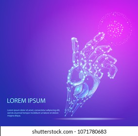 Virtual and augmented reality in the first person. Human hand in virtual reality like a robot. Technological concept. Banner. Low poly vector illustration of a starry sky or Cosmos. 