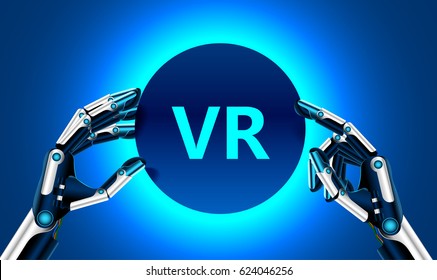 Virtual and augmented reality in the first person. Human hand in virtual reality like a robot. Technological concept. Banner for your logo or text.