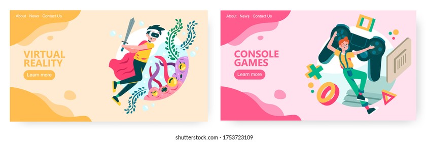 Virtual and augmented reality game technology. Console game controller. Gamer concept illustration. Vector web site design template. Landing page website illustration