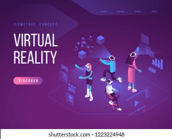 Virtual augmented reality glasses concept with people learning and entertaining. Landing page template. 3d vector isometric illustration.