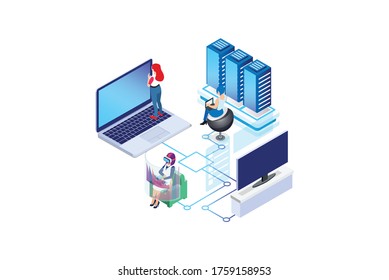 Virtual augmented reality glasses concept with people playing games, learning and entertaining. Vector isometric illustration.