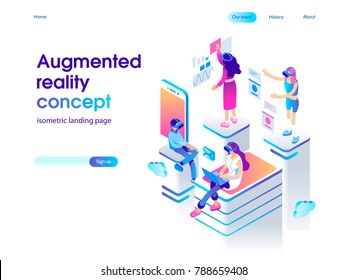 Virtual augmented reality glasses concept with people learning and entertaining. Landing page template. 3d vector isometric illustration.