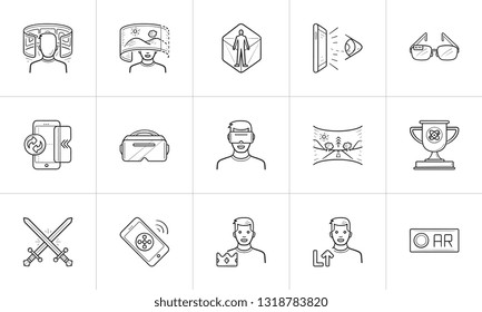 Virtual and augmented reality hand drawn outline doodle icon set. Outline doodle icon set for print, web, mobile and infographics. Gaming vector sketch illustration set isolated on white background.