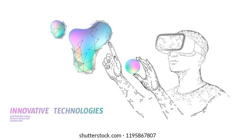 Virtual augmented reality helmet low poly. Innovation media entertainment polygonal concept. Neon liquid gradient digital control science panel. Man work computer data analysis vector illustration