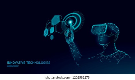 Virtual augmented reality helmet low poly. Innovation media entertainment polygonal concept. HUD user display digital control science panel. Man work computer data analysis vector illustration