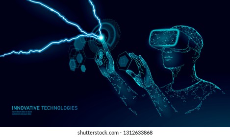 Virtual augmented reality helmet low poly. Innovation media entertainment polygonal concept. HUD user display digital control science panel. Man work computer data analysis vector illustration