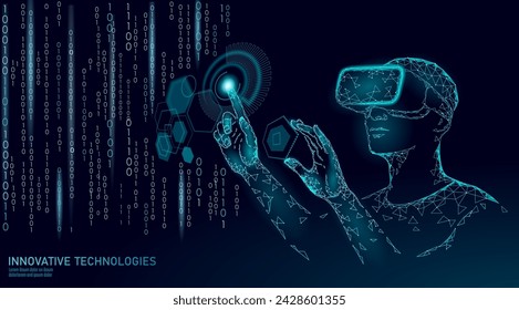 Casco de realidad aumentada virtual bajo poli. Concepto poligonal de medios de entretenimiento de innovación. Panel de ciencia de control digital de pantalla de usuario HUD. Ilustración vectorial de análisis de datos de computadora del trabajo del hombre