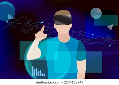 Virtual augmented reality helmet. Man work with computer data analysis. Concept of Innovation media entertainment. HUD user display digital control science panel.