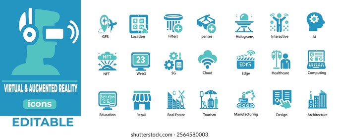 Virtual and Augmented Reality Icon Set  Editable AR VR vectors for tech, AI, NFTs, education and innovation