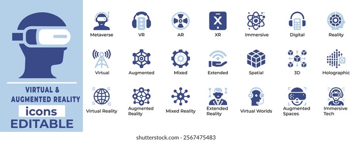 Virtual and Augmented Reality Icon Set  Editable icons for AR VR tech, AI, holograms, Web3, gaming, and innovation