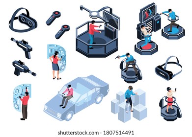 Virtual augmented reality icons set with people portable devices simulators isolated on white background 3d vector illustration