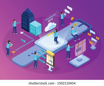 Virtual augmented reality information exchange visualization isometric background composition with chatting on virtual screen people vector illustration 