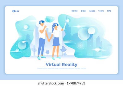 Realidad Aumentada Virtual. Tecnología de innovación. Hombre y mujer con auriculares VR miran al mundo virtual. plantilla de diseño de página web de inicio decorada con carácter de persona.