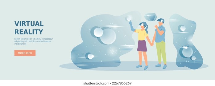 Virtual Augmented Reality. Innovation technology. Man and woman wearing VR headsets look into the virtual world. Promotional web banner. Cartoon flat vector illustration with people characters.