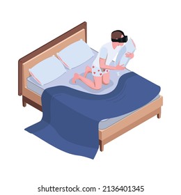Virtual augmented reality isometric composition with male character in bed wearing vr helmet kissing pillow vector illustration