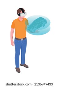 Virtual augmented reality isometric composition with male character wearing vr helmet holding holographic car model vector illustration