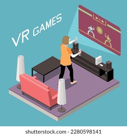 Virtual augmented reality isometric composition with text and living room scenery with teenager playing video games vector illustration