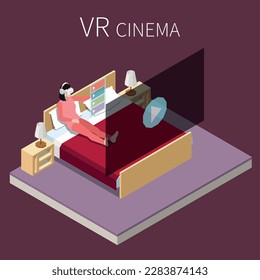 Virtual augmented reality isometric composition with text and view of bedroom with woman watching vr movie vector illustration