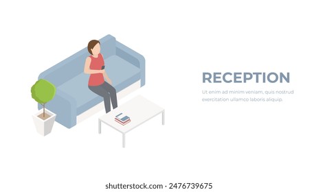 Virtual augmented reality isometric composition with woman sitting on sofa. Office reception waiting area. 