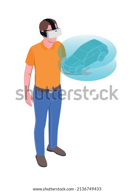 Virtual augmented reality isometric\
composition with male character wearing vr helmet holding\
holographic car model vector\
illustration