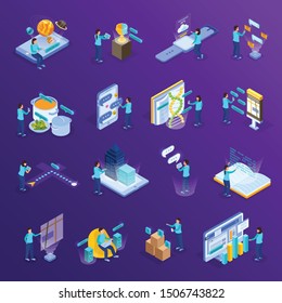 Virtual augmented reality isometric icons set with scientific information education computer simulated objects purple background vector illustration 