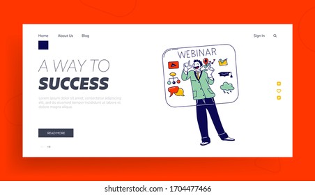 Virtual Augmented Reality Landing Page Template. Male Character Touching Interactive Interface for Watching Webinar, Working and Studying. Futuristic Education and Learning. Linear Vector Illustration