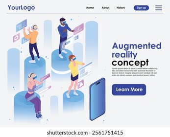 Virtual augmented reality. Landing page template with people engaged in business processes, learning and entertaining in VR glasses. Modern digital technologies. Isometric 3D vector illustration