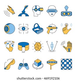 Virtual and augmented reality line icons set, vector illustration. 360 Degree image and video linear signs. Man wearing virtual reality goggles. Set of the linear headsets