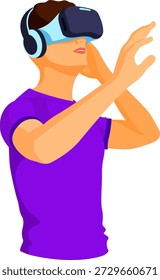 Homem de realidade aumentada virtual usando óculos de realidade virtual com realidade aumentada toca fundo de tela virtual. tecnologia futura. ilustração vetorial