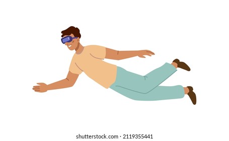 Virtual and augmented reality, metaverse concept and exploration of future network. Vector male in VR goggles floating in fantasy or game, cyberspace future life. Flat cartoon style character