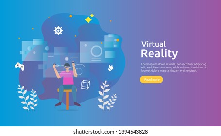 Virtual augmented reality. people character touching VR interface and wearing goggle playing games, education, entertaining, learning. template banner, presentation, promotion poster or print media