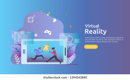 Virtual augmented reality. people character touching VR interface and wearing goggle playing games, education, entertaining, learning. template banner, presentation, promotion poster or print media