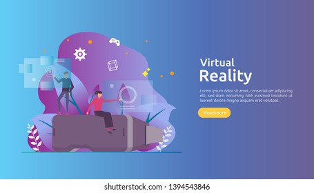 Virtual augmented reality. people character touching VR interface and wearing goggle playing games, education, entertaining, learning. template banner, presentation, promotion poster or print media