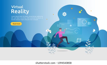 Virtual augmented reality. people character touching VR interface and wearing goggle playing games, education, entertaining, learning. template banner, presentation, promotion poster or print media