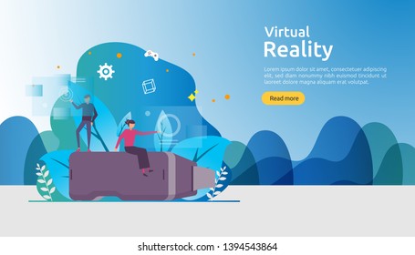 Virtual augmented reality. people character touching VR interface and wearing goggle playing games, education, entertaining, learning. template banner, presentation, promotion poster or print media