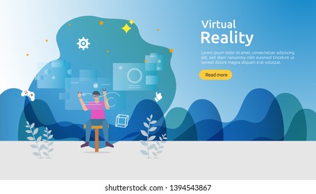 Virtual augmented reality. people character touching VR interface and wearing goggle playing games, education, entertaining, learning. template banner, presentation, promotion poster or print media