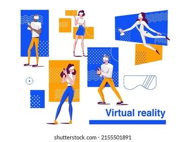 Virtuelle und erweiterte Realität. Set von Erwachsenen in virtuellen Brillen und mit Joysticks spielen Spione. Vektorgrafik im Cartoon-Stil.