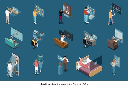 Virtual augmented reality set with isometric icons and isolated images with human characters using vr technologies vector illustration