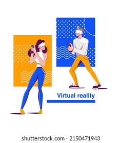Realidad virtual y aumentada. Dos adultos con gafas virtuales y joysticks juegan a los espías. Ilustración vectorial al estilo de las caricaturas.