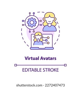 Icono de concepto de avatares virtuales. Modelos realistas. Solución de datos sintéticos para la ilustración de línea delgada de ideas abstractas metaversas. Dibujo de contorno aislado. Trazo editable. Fuentes Arial, Myriad Pro-Bold utilizadas