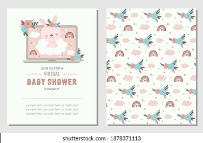 Virtual Baby Shower Invitation Card And Coordinated Pattern With Cute Bunny, Rainbows, Clouds, And Flowers. Baby Shower Invitation For A Girl In Trendy Pastel Colors.