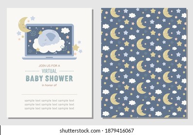 Virtual baby shower invitation card and coordinated pattern with cute elephant, stars, moon, and clouds. Baby shower invitation for a boy in muted pastel colors.