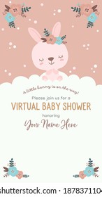 Virtual Baby Shower Invitation Template With Cute Bunny And Bouquets In Trendy Pastel Colors. Perfectly Sized For Smart Phone Screen And Social Media Stories.