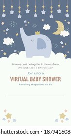 Virtual Baby Shower Invitation Template With Cute Elephant And Night Sky In Muted Pastel Colors. Perfectly Sized For Smart Phone Screen, Social Media Stories, Virtical Movies, Etc.