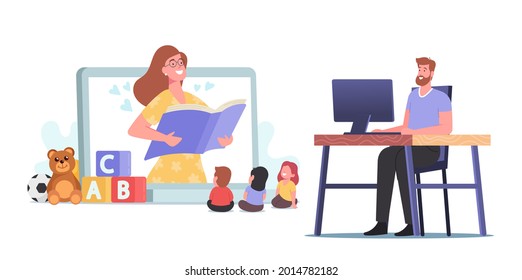 Virtual Baby Sitter, Online Babysitting Service, Remote Teaching Concept. Female Nanny Character Entertaining Kids, Read Books via Internet while Father Working. Cartoon People Vector Illustration